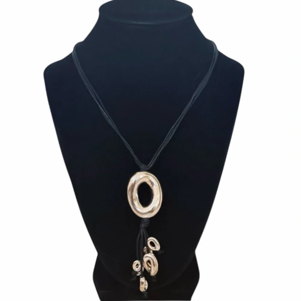 L’una Italy Sterling Silver Modern Oval Pendant Multi-Strand Black Cord Necklace